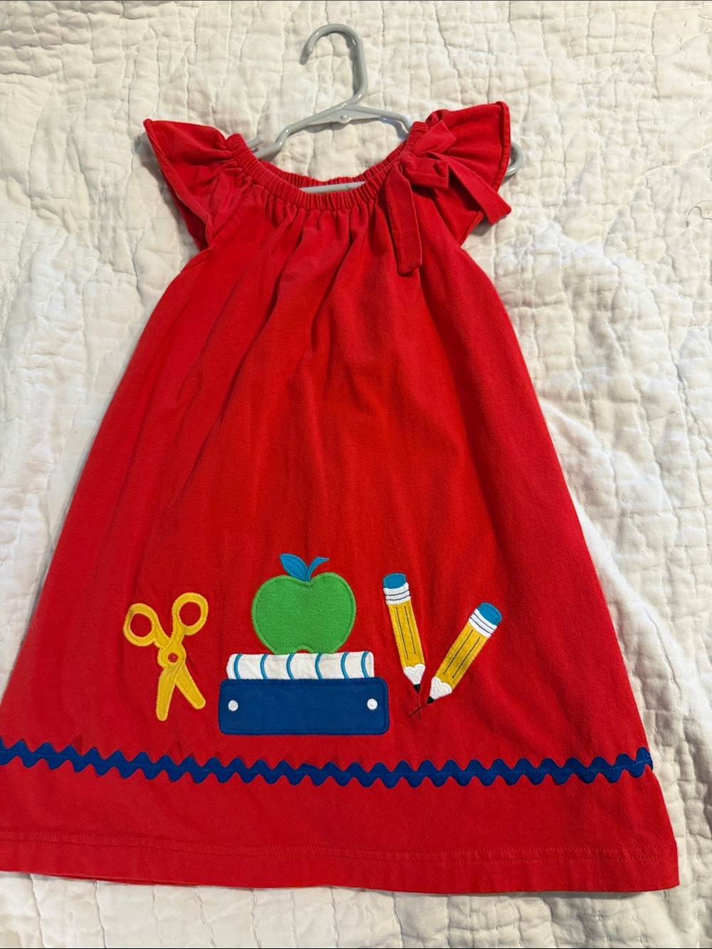 Kelly's Kids Red Dress with Green Apple and School Motif